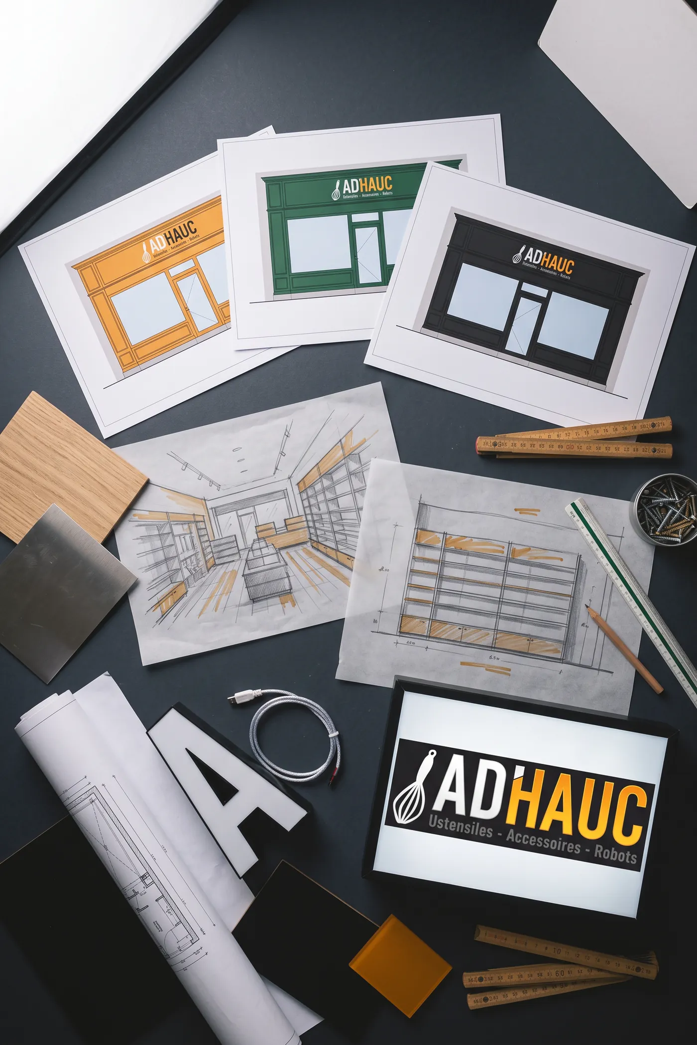 Trois maquettes d'enseigne AD'HAUC en couleur, des croquis d'agencement au crayon et au marqueur, un plan roulé, une lettre boîtier en aluminium, des échantillons de matières et un caisson lumineux.