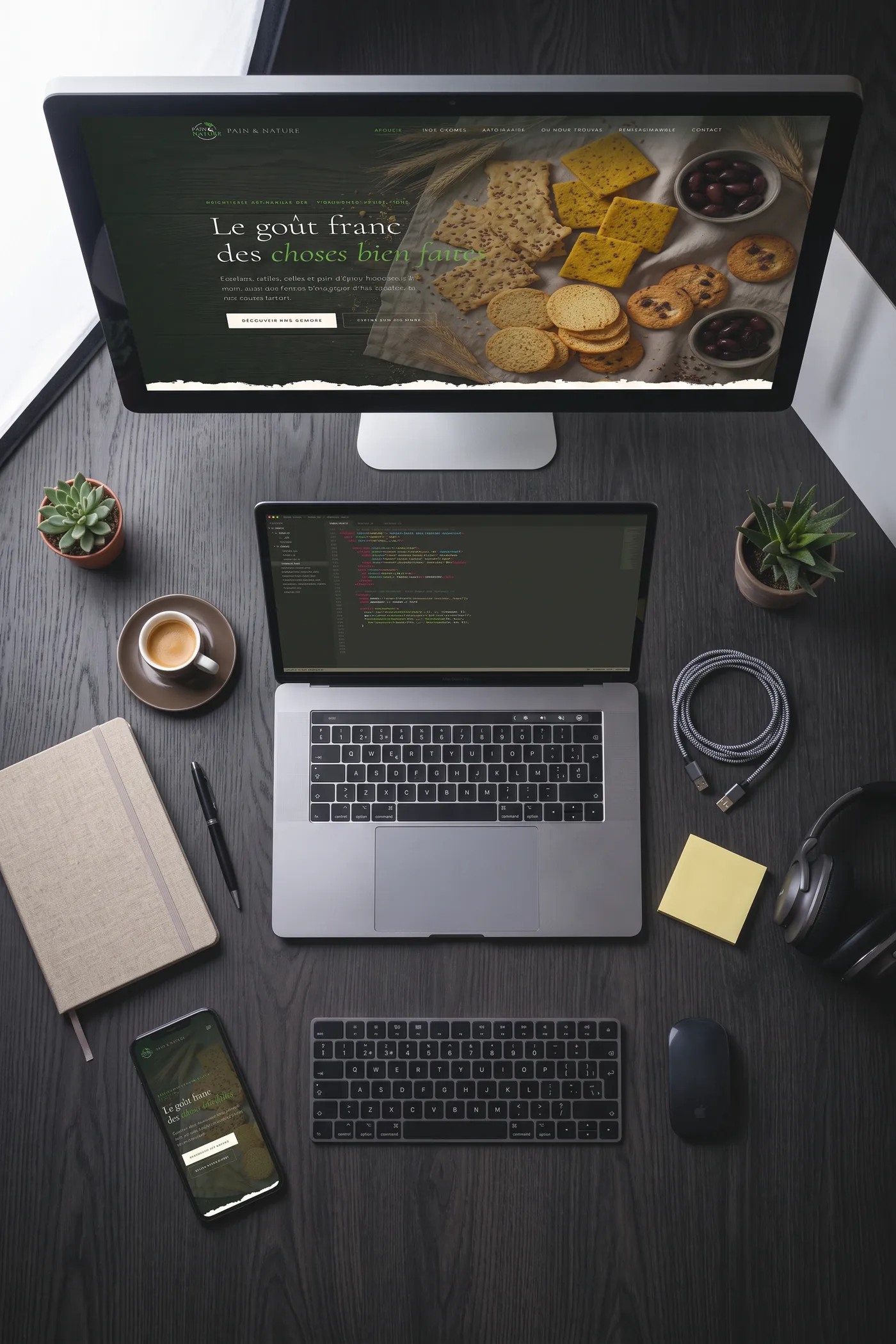 Un bureau de studio web vu de haut : le site Pain & Nature sur un grand écran, un portable ouvert sur l'éditeur de code, la version mobile sur un smartphone, clavier, carnet, casque et café.