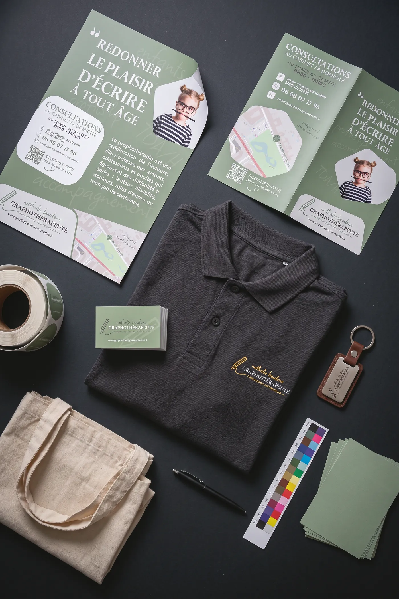 Les supports de Nathalie Boudène, graphothérapeute : affiche, dépliant, cartes de visite, polo anthracite au logo brodé en fil doré, porte-clés gravé, rouleau d'étiquettes, tote bag et gamme de papiers.
