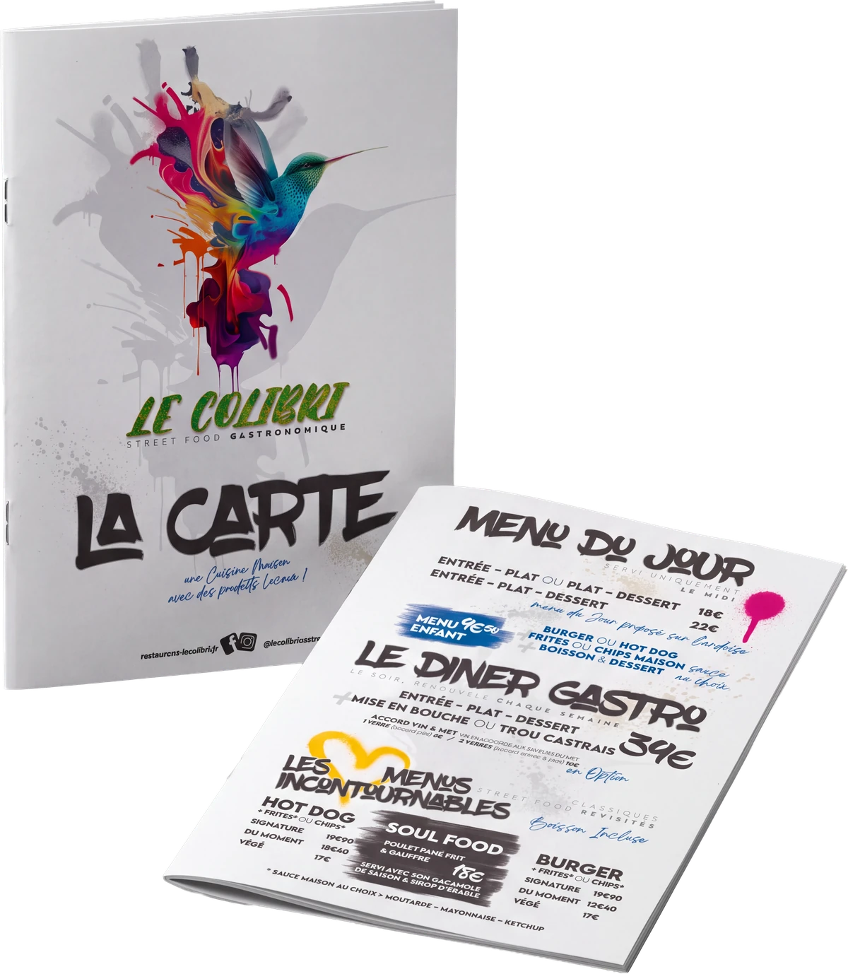 La carte du Colibri : le livret agrafé, couverture et menu du jour.