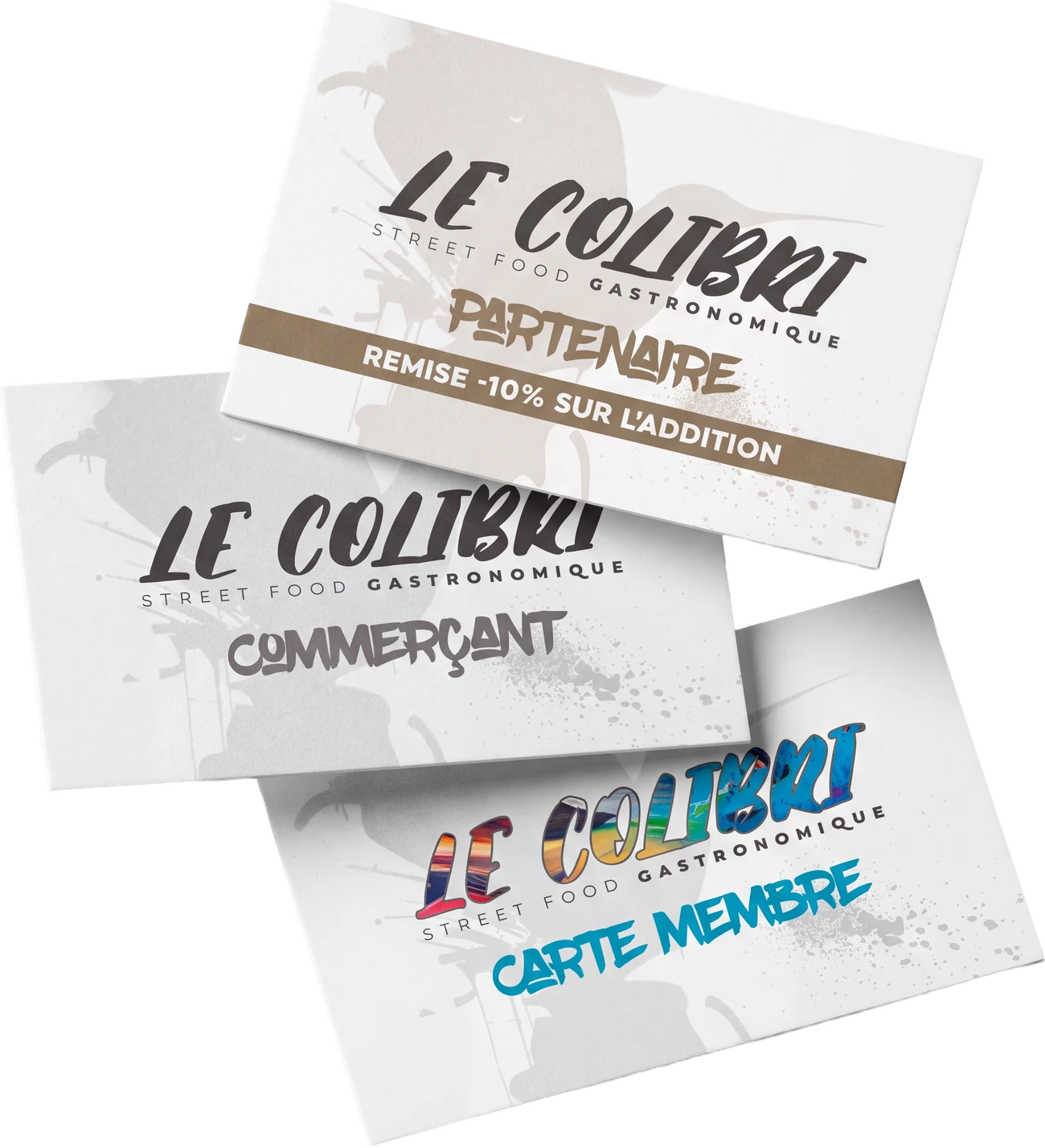 Les trois cartes de fidélité du Colibri : partenaire, commerçant et membre.