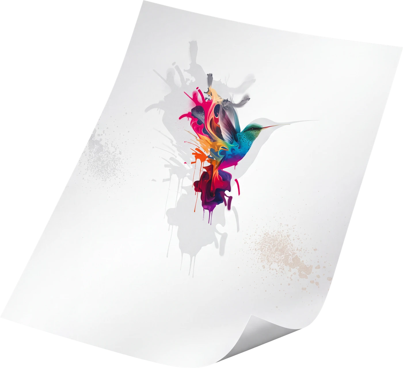 Tirage du colibri en éclats de couleur, signature de la marque.
