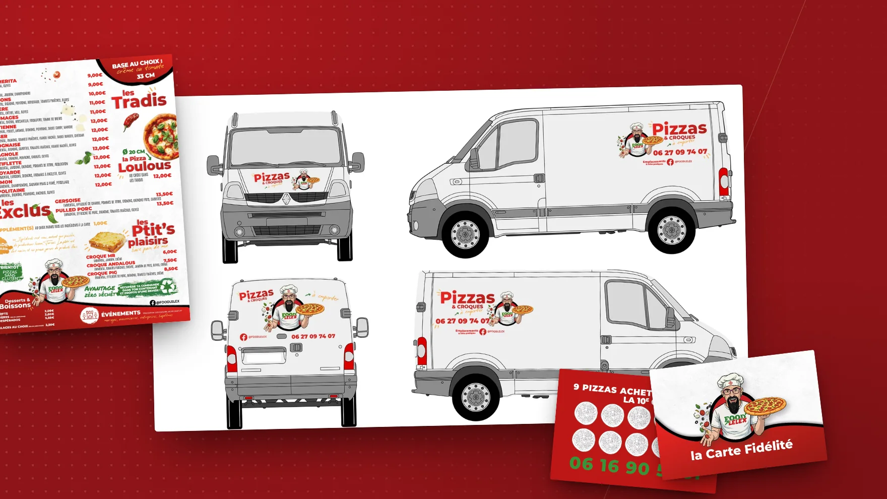 La carte des pizzas, le covering du camion et la carte de fidélité du food truck Food'Lélex