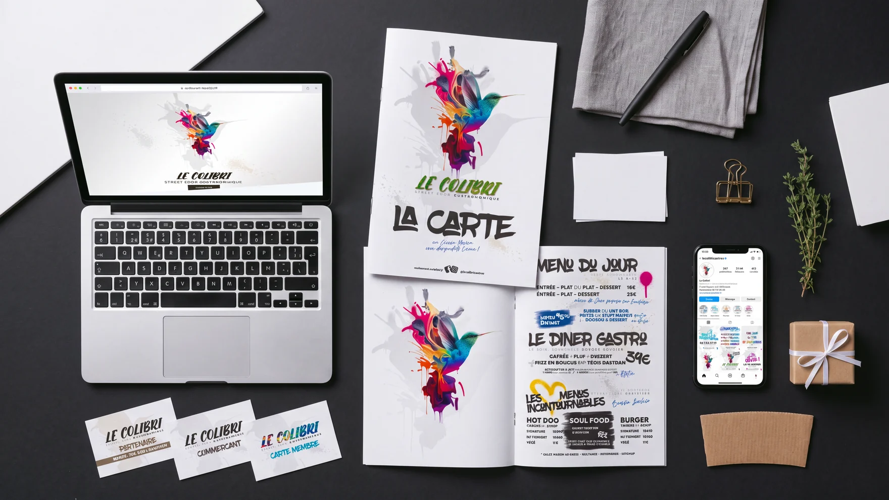 L'identité du Colibri, street food à Castres : site, carte-menu, cartes de fidélité et tirage du colibri