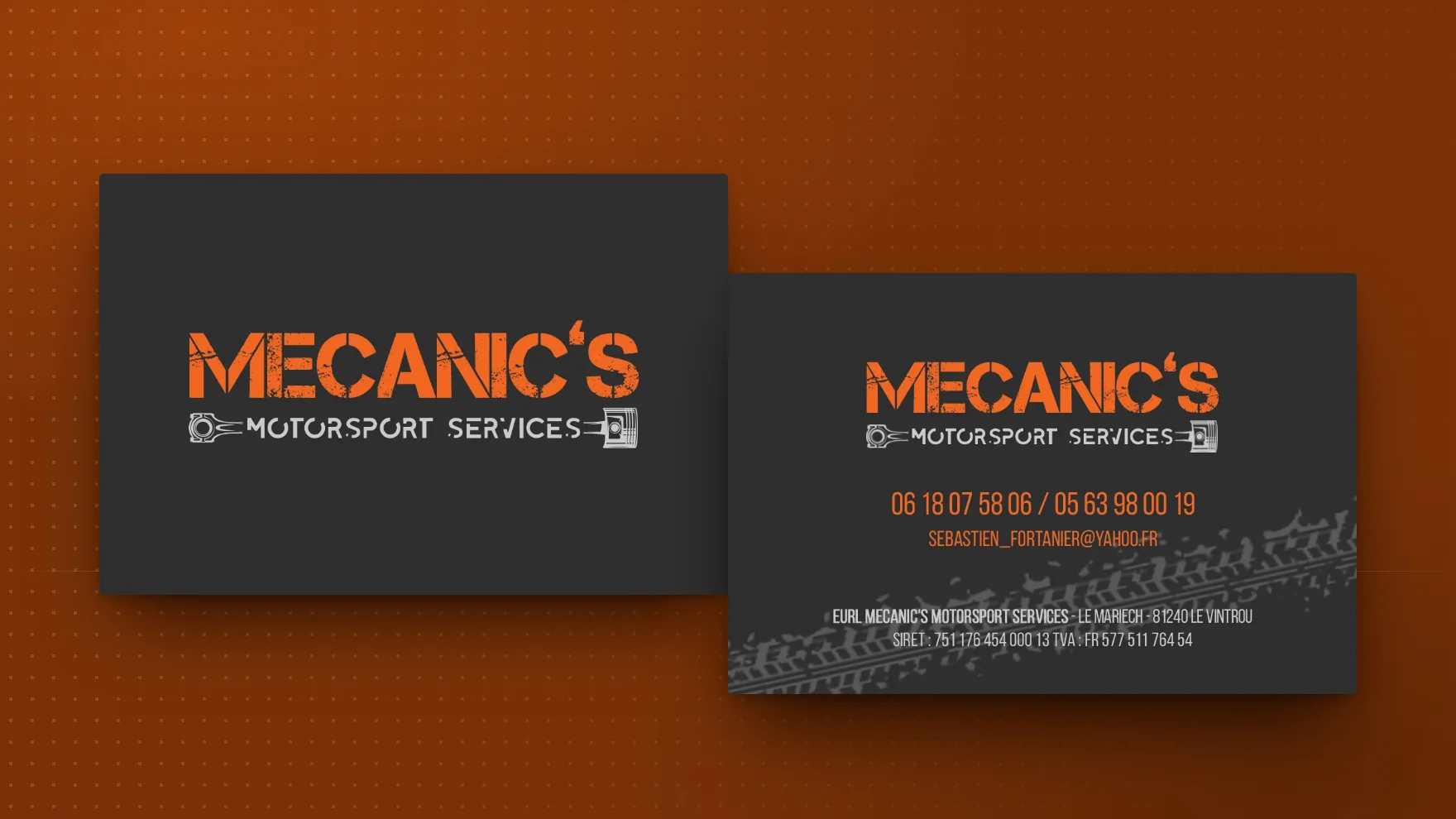 Les cartes de visite de Mecanic's Motorsport Services, atelier de mécanique moto, recto et verso