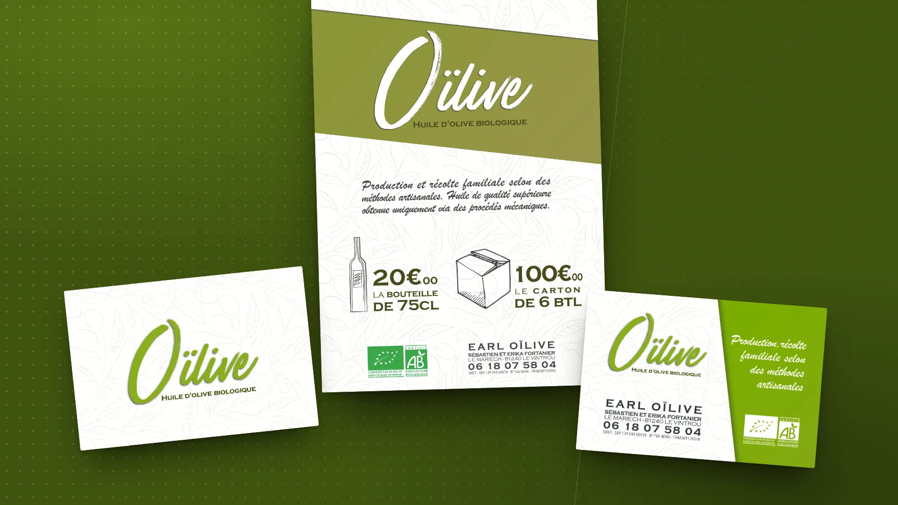 L'identité d'Oïlive, huile d'olive bio familiale : logo, affiche de vente et cartes de visite