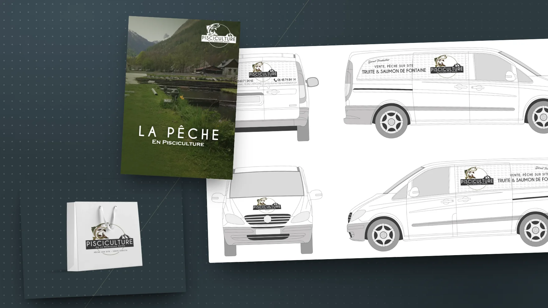 La Pisciculture de Lavopé : affiche « La pêche », logo et covering des camionnettes
