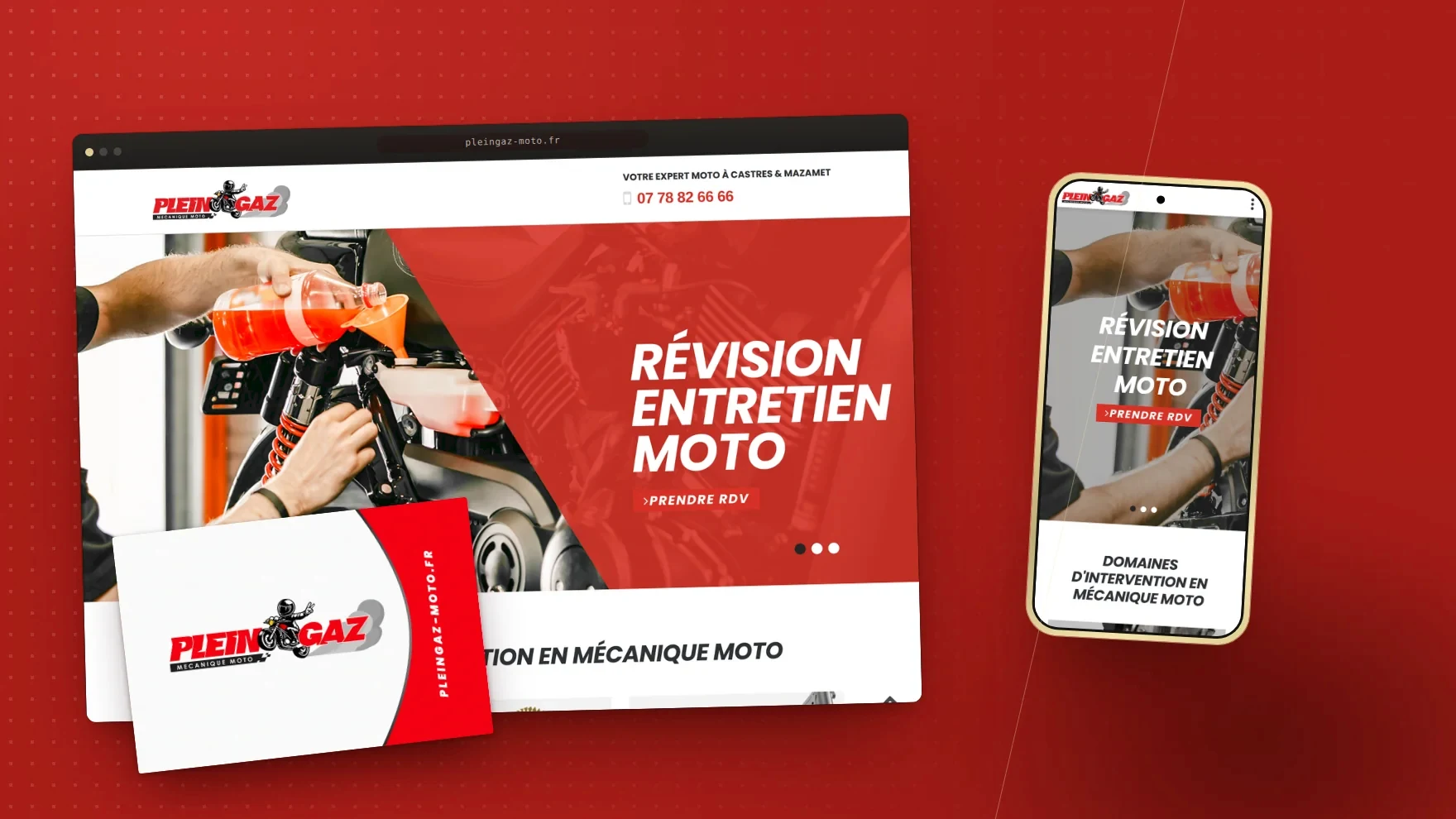 Le site de Plein Gaz, garage de mécanique moto à Castres, sur ordinateur et téléphone, avec sa carte de visite