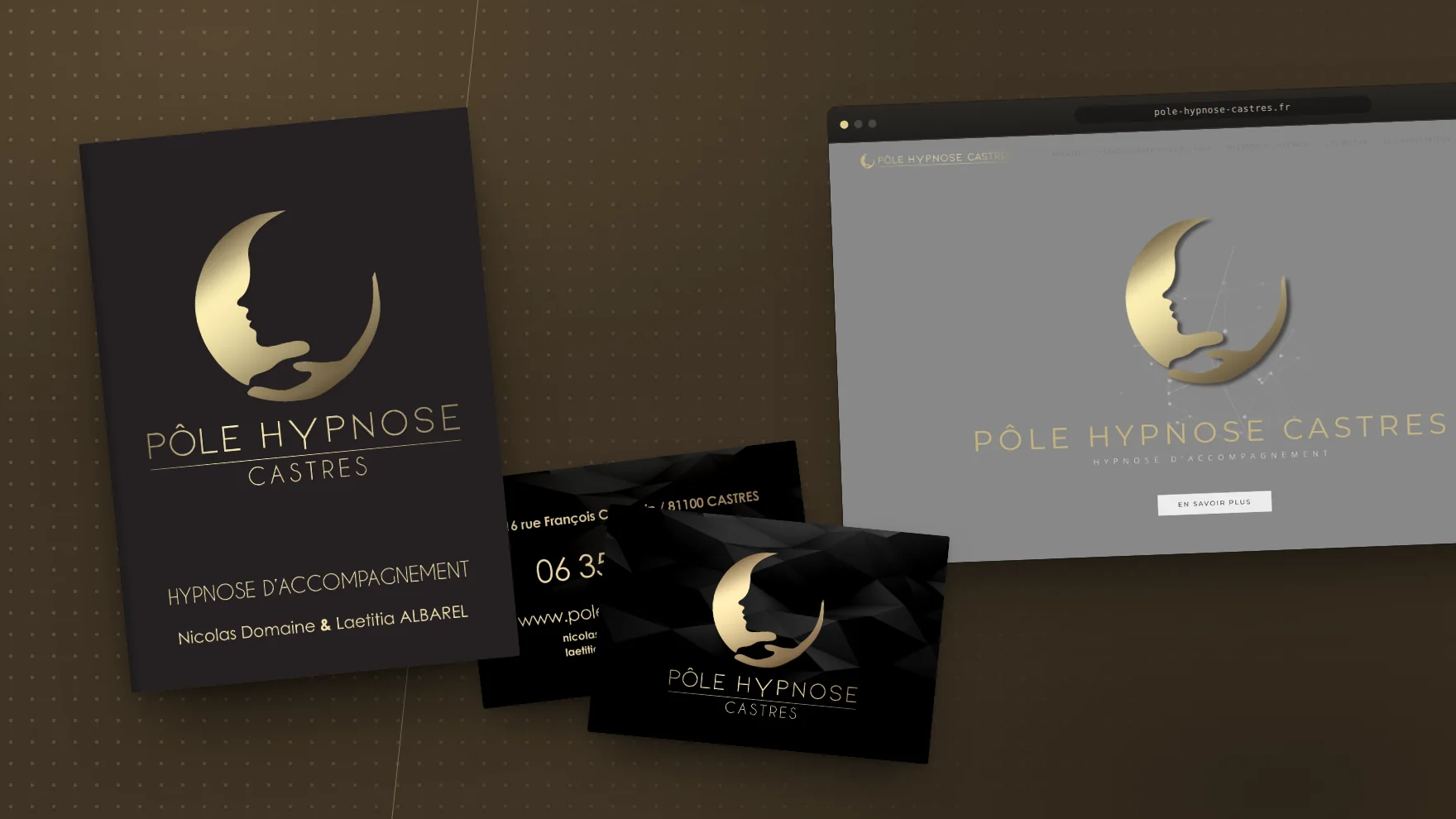 L'identité noir et or du Pôle Hypnose Castres : flyer, cartes de visite et site