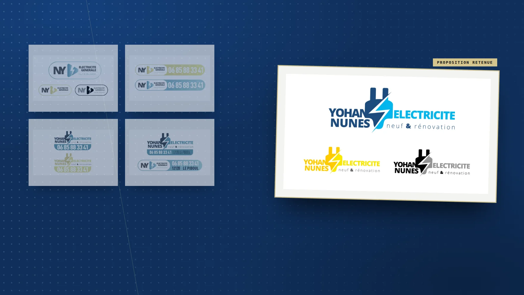 Les cinq pistes de logo de Yohan Nunes Électricité, électricien dans le Tarn, et la piste retenue