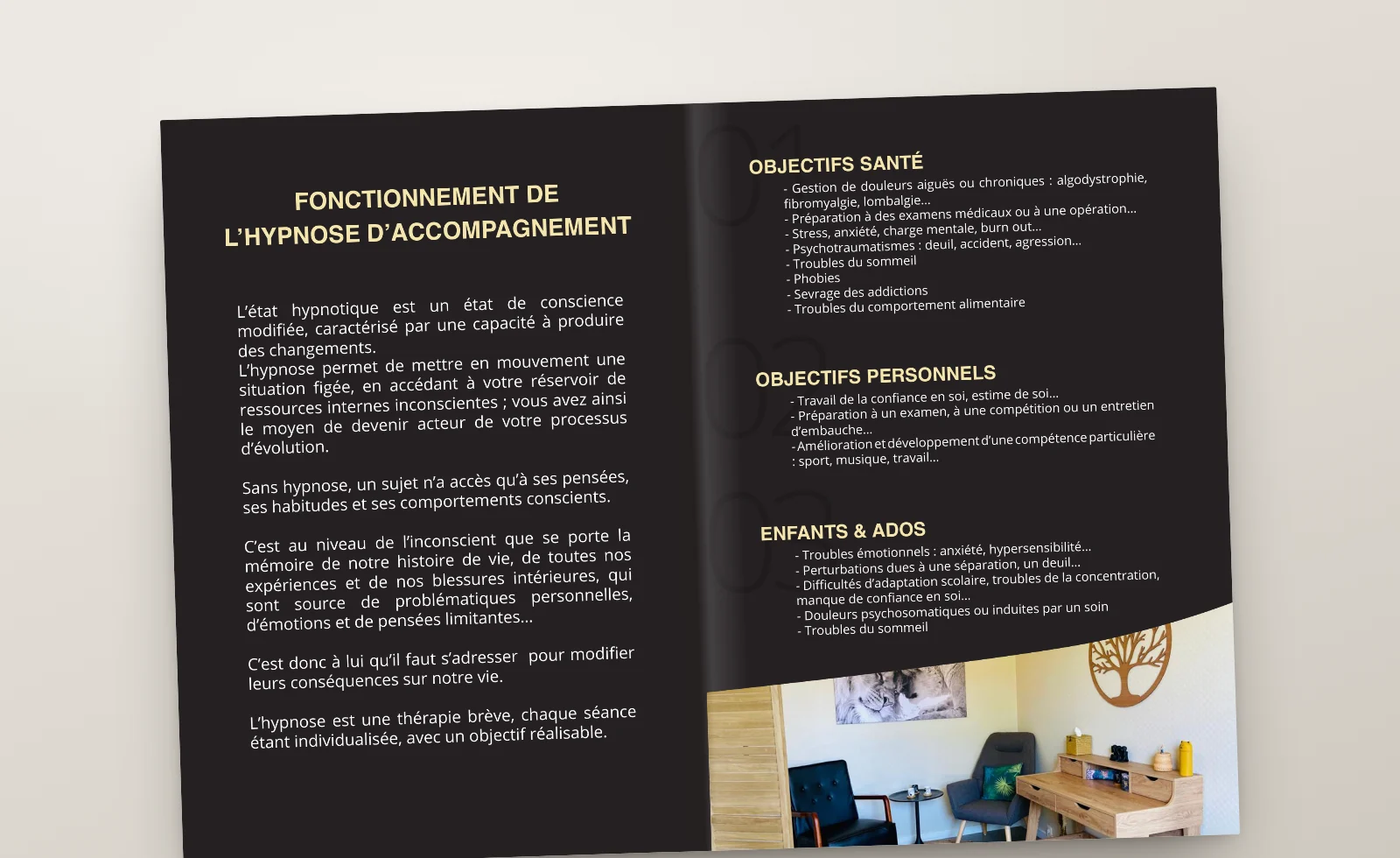 Pôle Hypnose Castres : le flyer A5 ouvert, pages intérieures